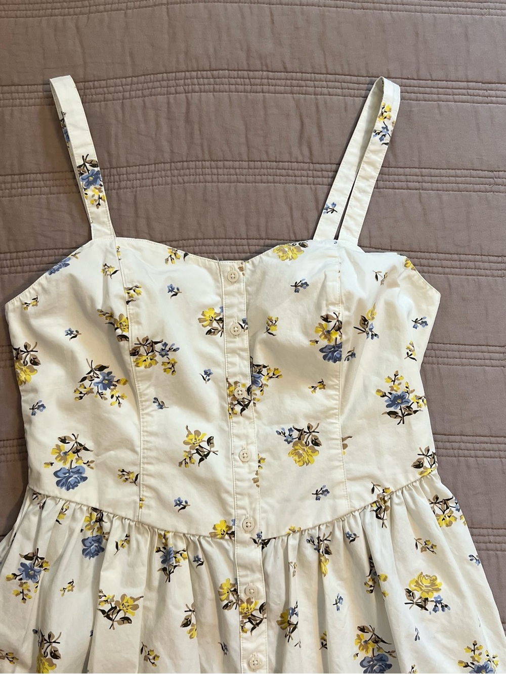 Levi's Cream Sundress Midi Cotton Blue Yellow Floral Print Garden Summer Pockets - Picture 3 of 9